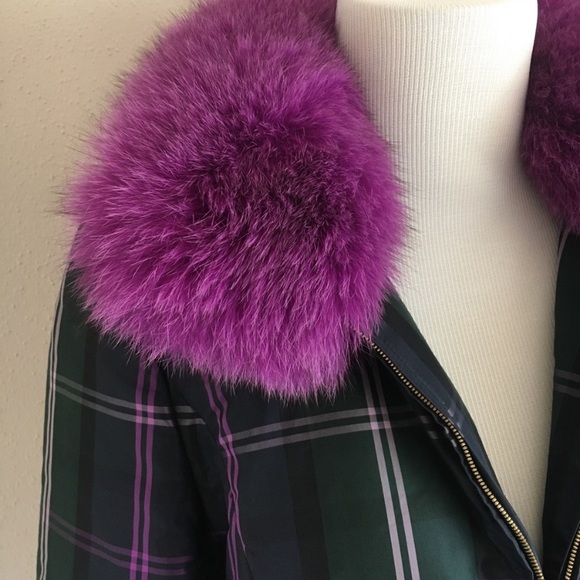 Escada Plaid Purple & Green Silk Fox Fur Trimmed Zip Jacket - Picture 3 of 8